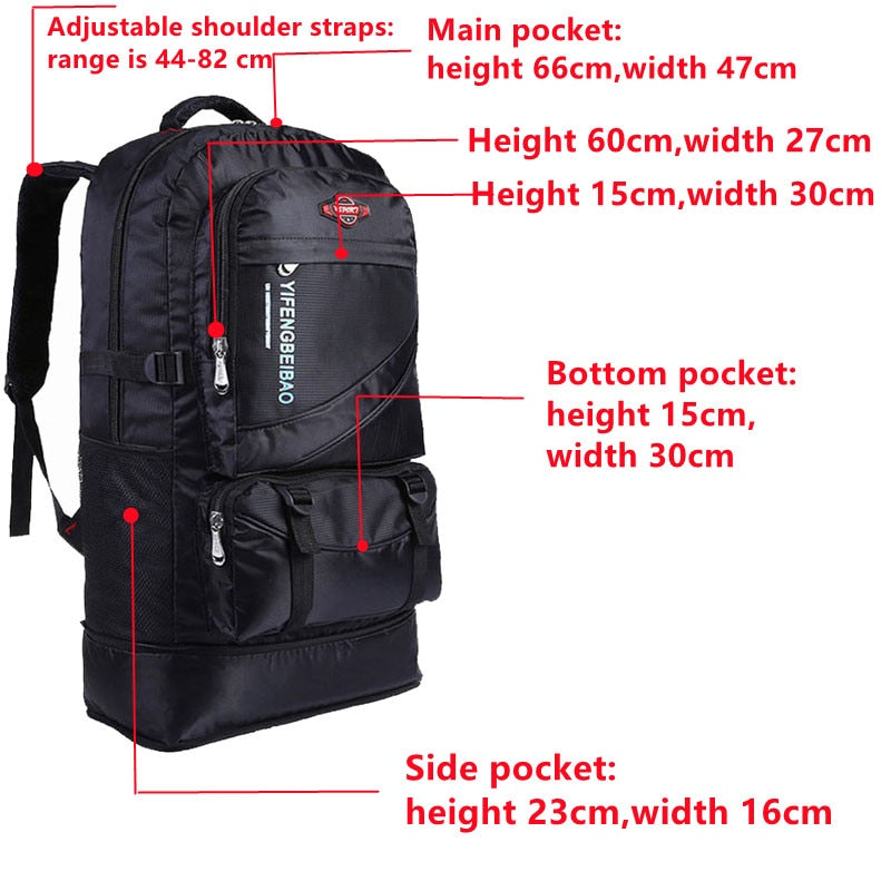 60L Waterproof Men Nylon Backpack Travel Pack