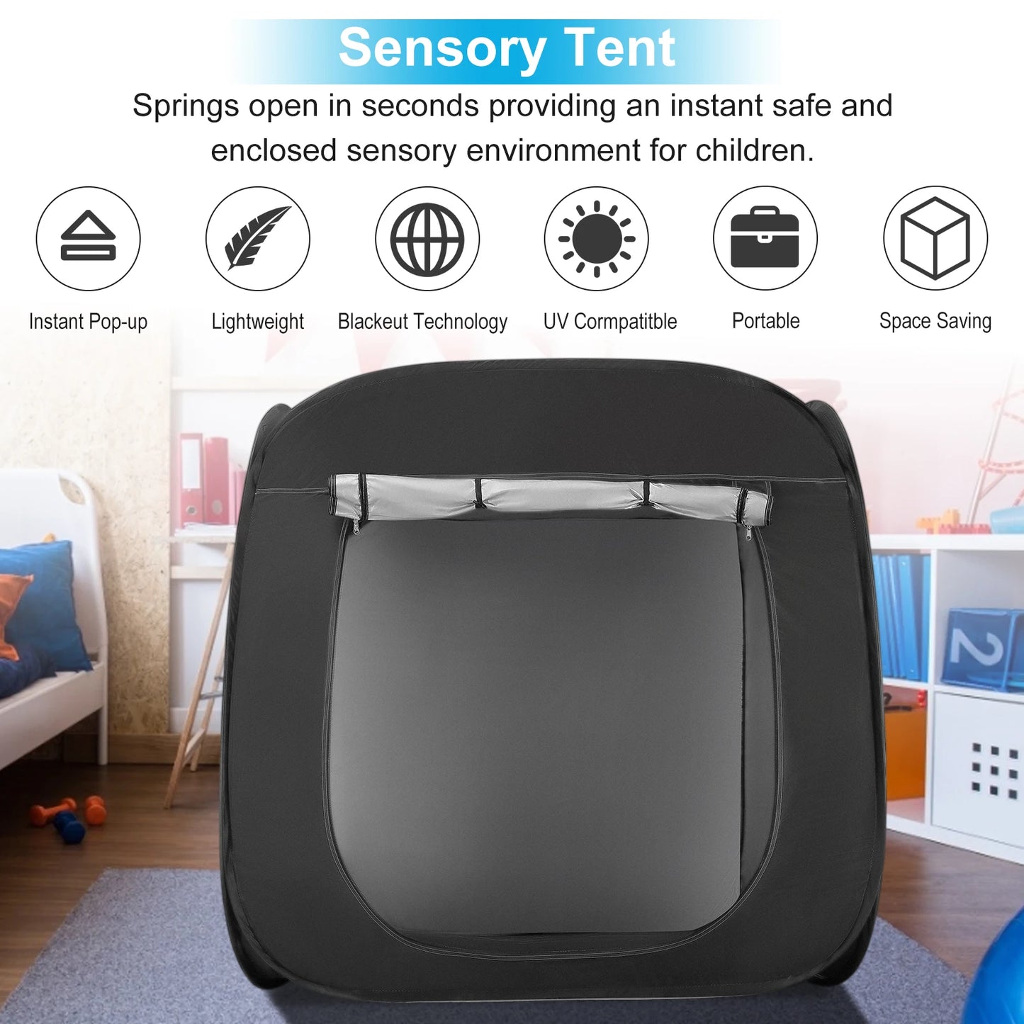Pop-up Sensory Den Blackout Tent For Autism, ASD & ADHD With Advanced Silver Inner Lining & Travel Carry Bag